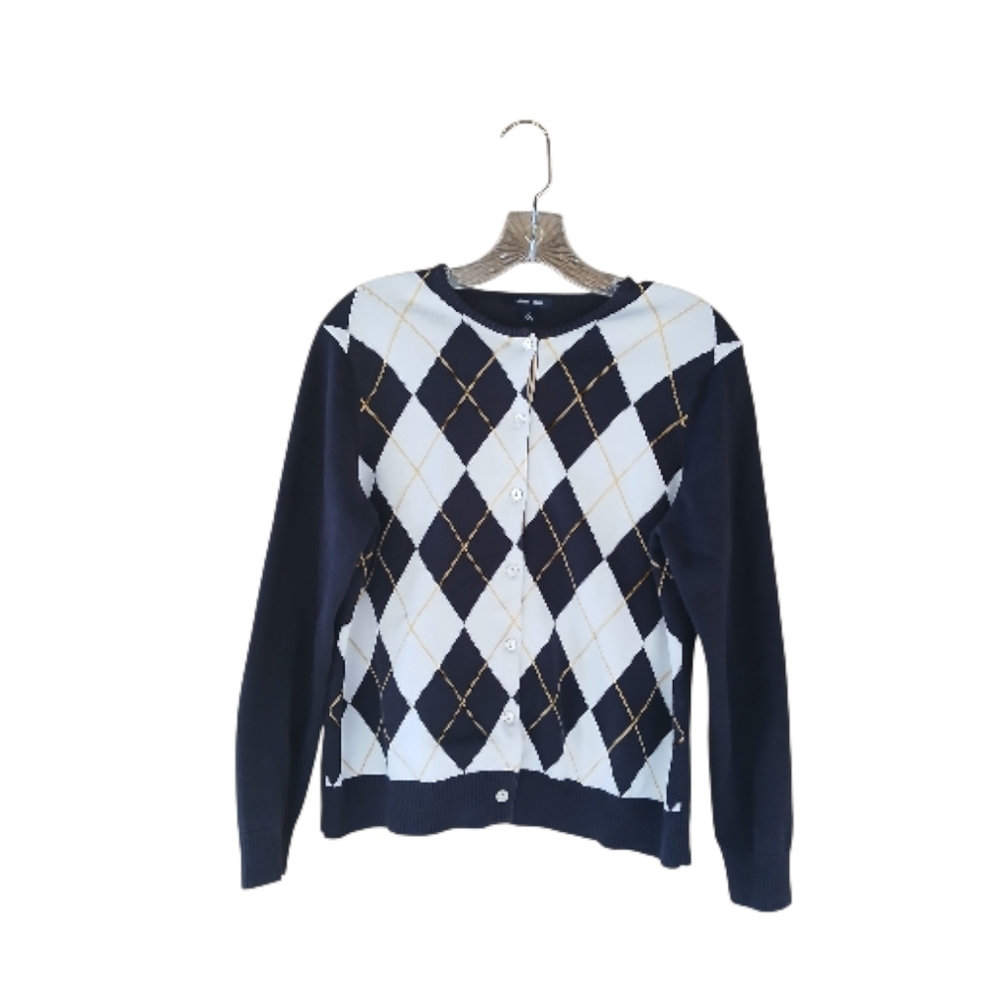 Lands' End Navy & White Crew Neck Argyle Supima Cotton Cardigan Large